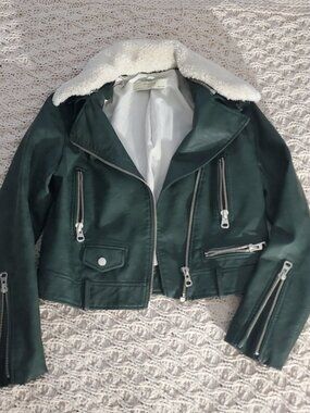 Green Shearling Vintage Style Aviator Moto Jacket